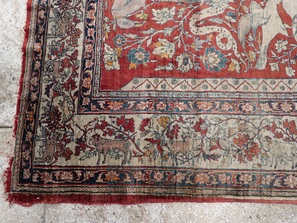 Antique Persian Silk Tabriz Pictorial Accent Rug, No.16402 - Galerie Shabab