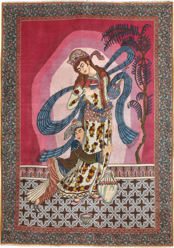Vintage Persian Tabriz Pictorial Throw Rug, No.23847 - Galerie Shabab
