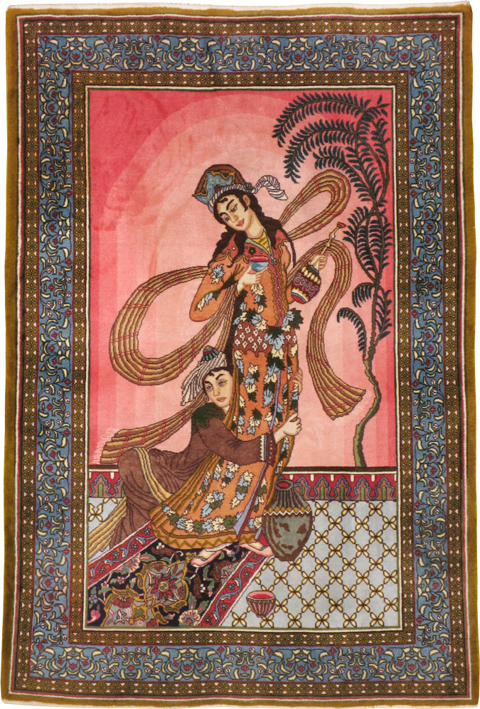 Vintage Persian Tabriz Pictorial Throw Rug, No.23848 - Galerie Shabab