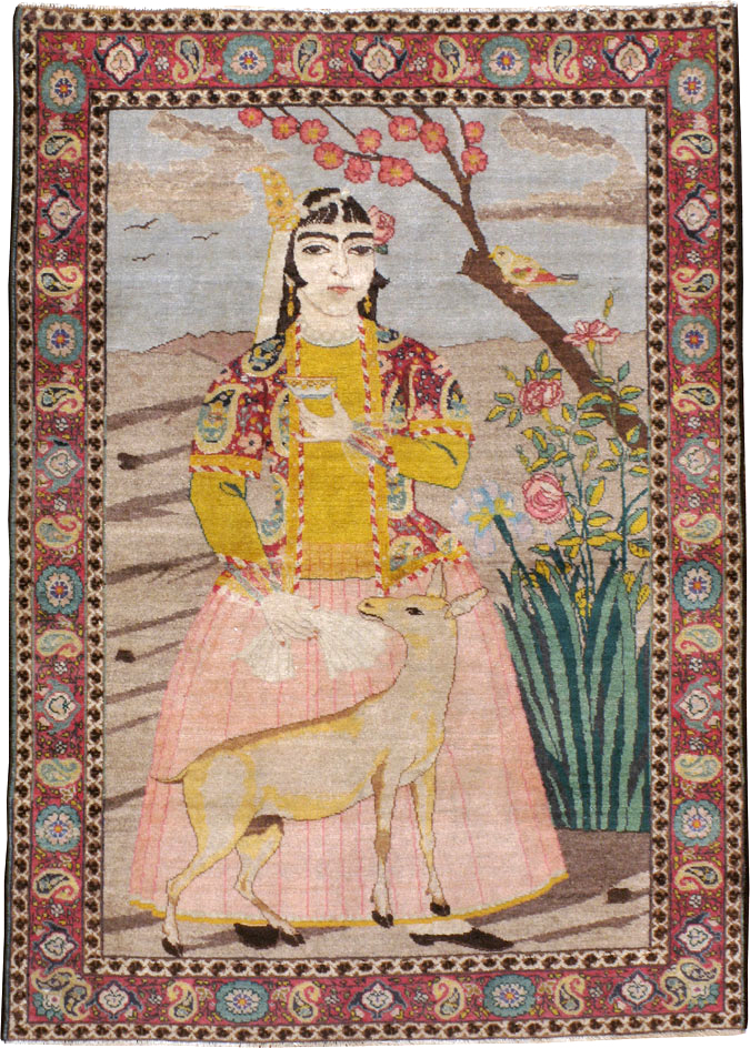 Vintage Persian Tabriz Pictorial Throw Rug, No.24666 - Galerie Shabab