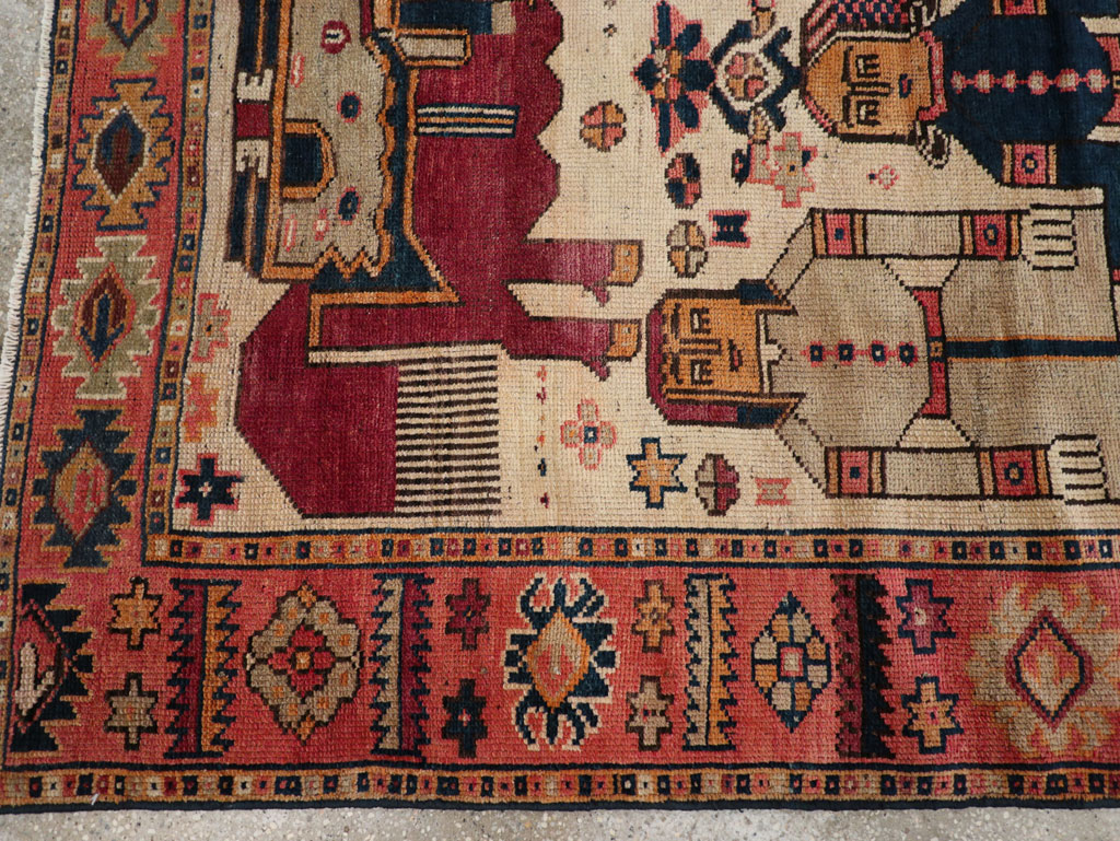 Vintage Persian Pictorial Bakhtiari Tribal Accent Rug, No.28360 - Galerie Shabab