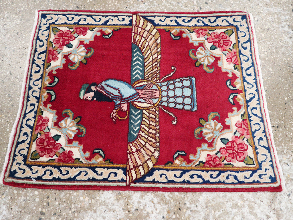 Vintage Persian Kerman Pictorial Throw Rug (Pair: 1 of 2), No.32108 - Galerie Shabab