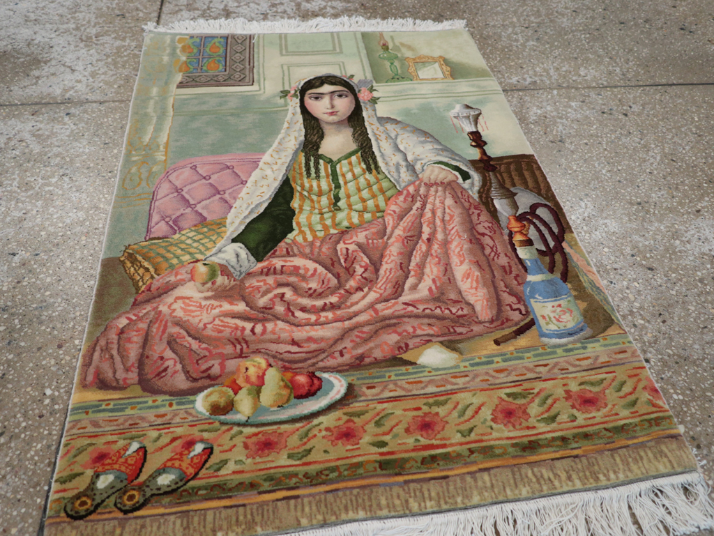 Vintage Persian Tabriz Pictorial Throw Rug, No.32417 - Galerie Shabab