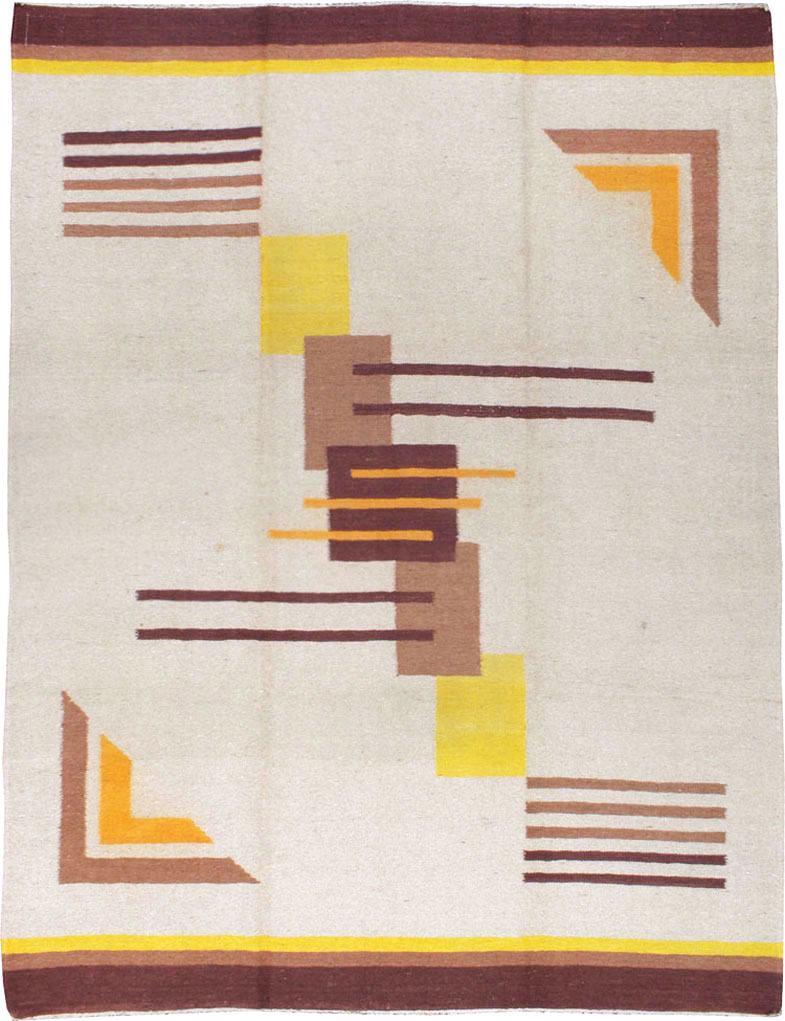Vintage Indian Flatweave Room Size Rug Inspired By Edward McKnight Kauffer, No.8779 - Galerie Shabab